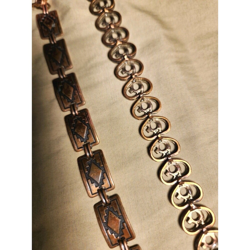 Vintage Solid Copper Bracelets Lot of 2 Southwestern Geometric SJ Signed 7in